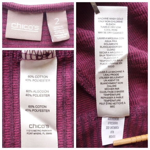 Chicos Tunic Top Size 2 US L Burgundy Ribbed Knit Stripe Round Neck 3/4 Sleeve - Picture 4 of 7